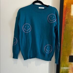 Teal Smiley Face Crew Neck Sweater